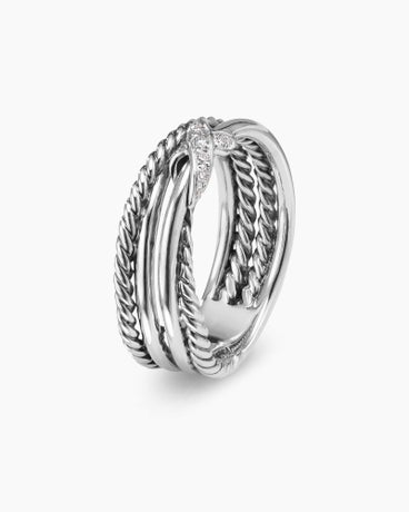 X Crossover Band Ring in Sterling Silver with Diamonds, 6mm