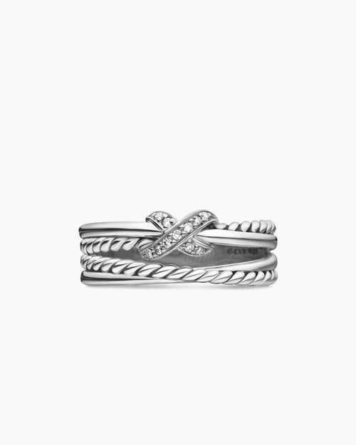 Womens X Crossover Band Ring in Sterling Silver with Diamonds, 6mm