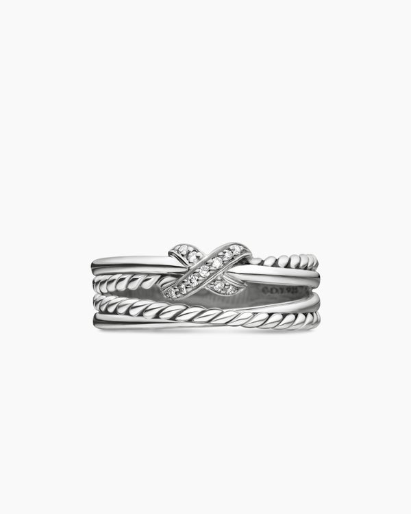 X Crossover Band Ring in Sterling Silver with Diamonds, 6mm