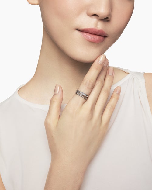 Womens X Crossover Band Ring in Sterling Silver with Diamonds, 6mm