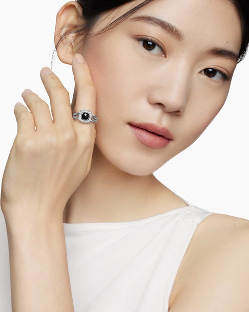 Womens Petite Albion® Ring in Sterling Silver with Black Onyx and Diamonds, 7mm