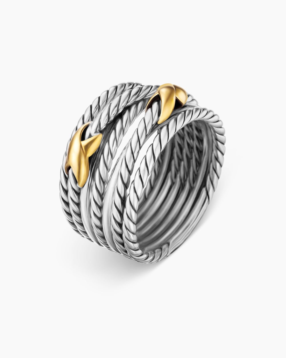 Womens Double X Crossover Ring in Sterling Silver with 18ct Yellow Gold, 13mm