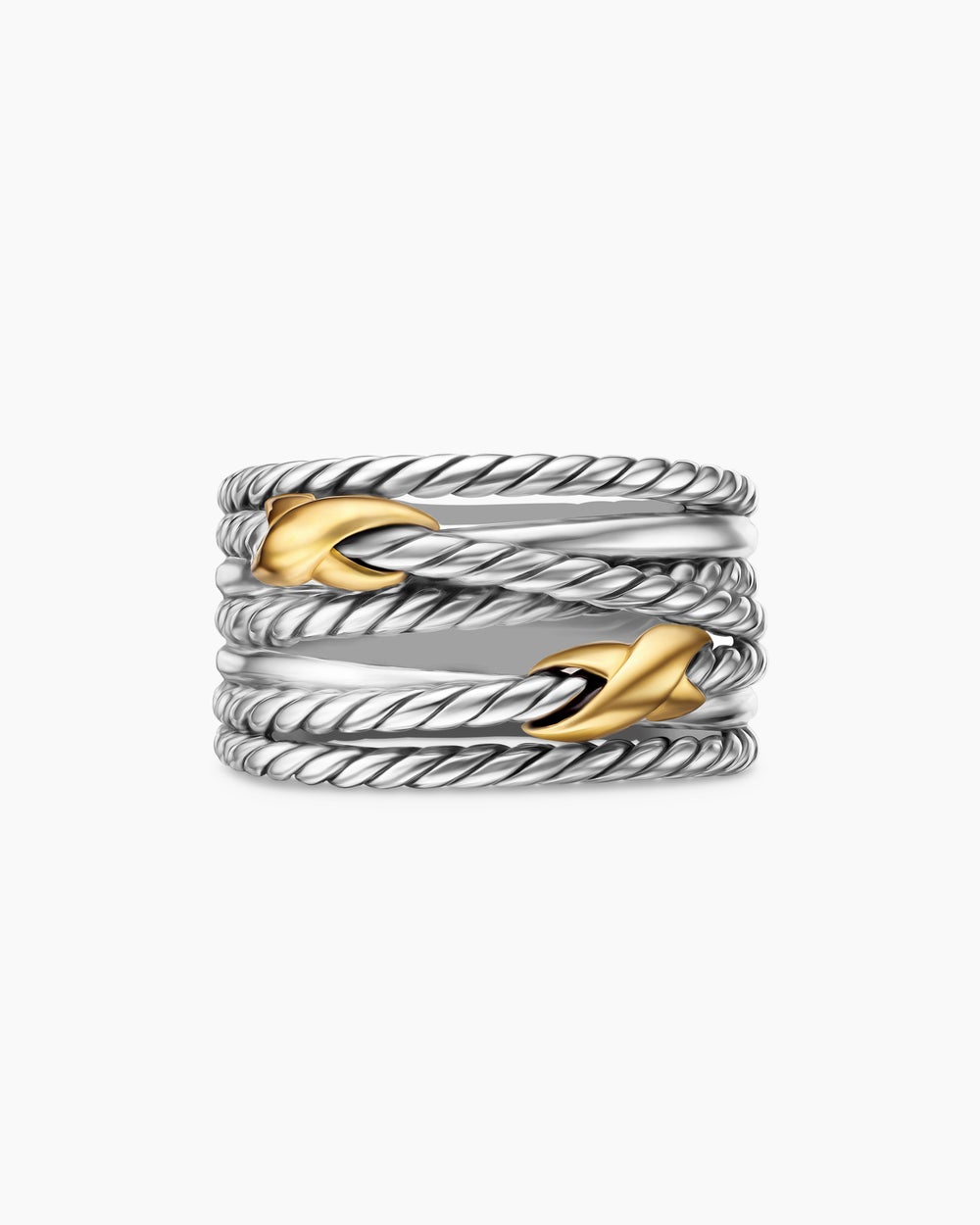 Womens Double X Crossover Ring in Sterling Silver with 18ct Yellow Gold, 13mm