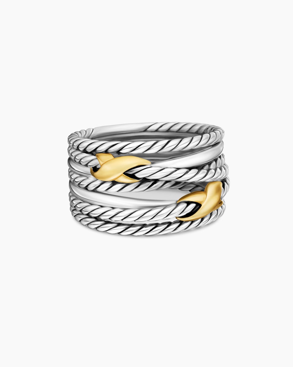 Womens Double X Crossover Ring in Sterling Silver with 18ct Yellow Gold, 13mm