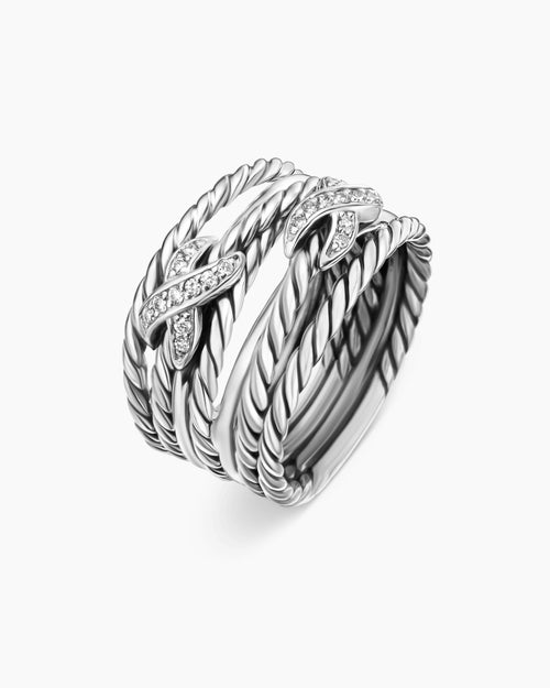 Womens Double X Crossover Ring in Sterling Silver with Diamonds, 13mm