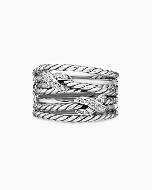 Womens Double X Crossover Ring in Sterling Silver with Diamonds, 13mm