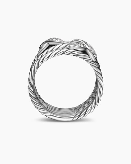 Womens Double X Crossover Ring in Sterling Silver with Diamonds, 13mm
