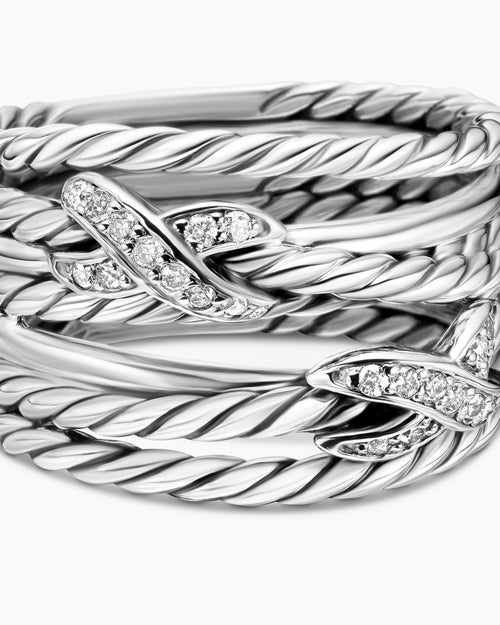 Womens Double X Crossover Ring in Sterling Silver with Diamonds, 13mm