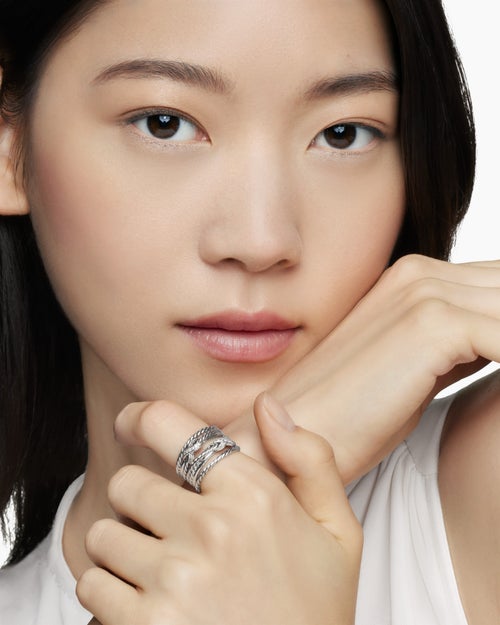 Womens Double X Crossover Ring in Sterling Silver with Diamonds, 13mm