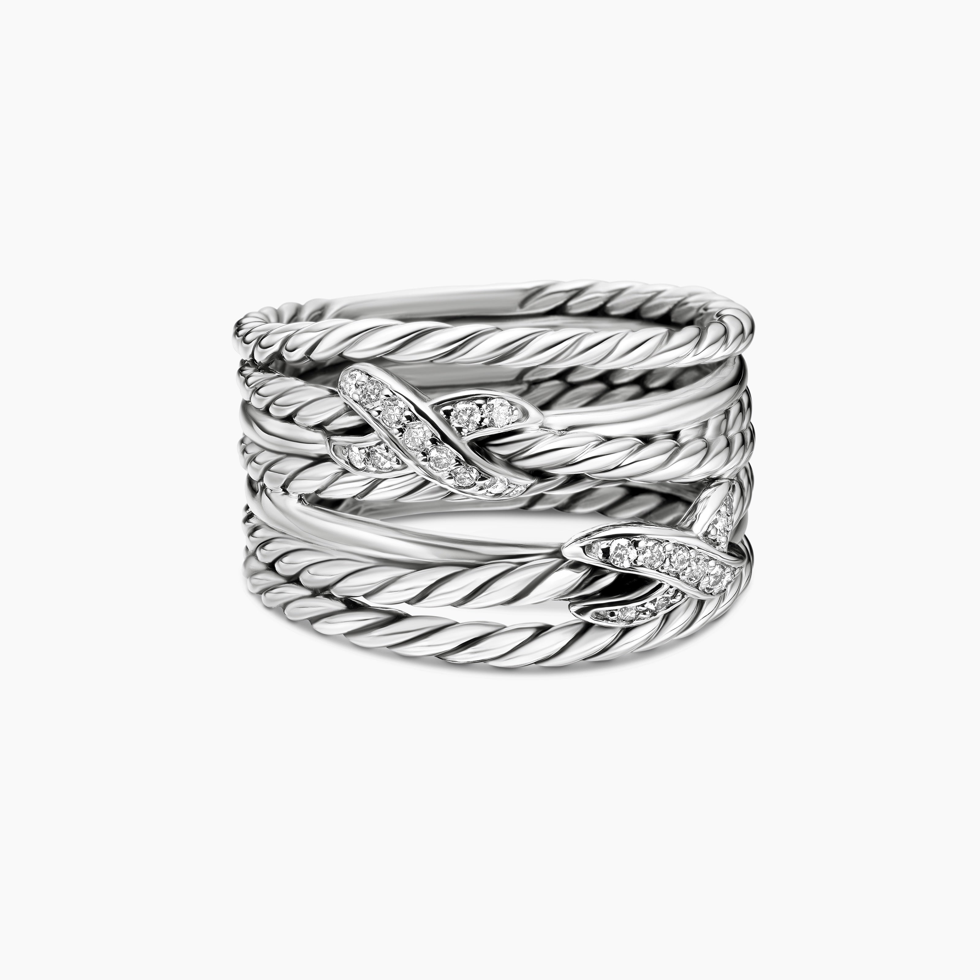 Womens Double X Crossover Ring in Sterling Silver with Diamonds, 13mm