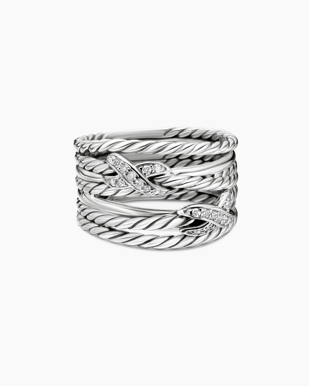 Womens Double X Crossover Ring in Sterling Silver with Diamonds, 13mm
