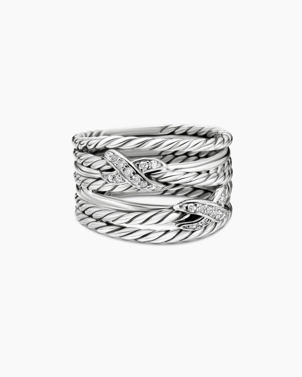 Double X Crossover Ring in Sterling Silver with Diamonds, 13mm