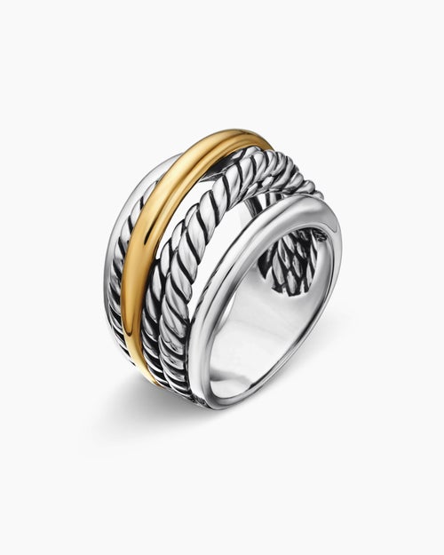 Womens Crossover Ring in Sterling Silver with 14K Yellow Gold, 14.7mm