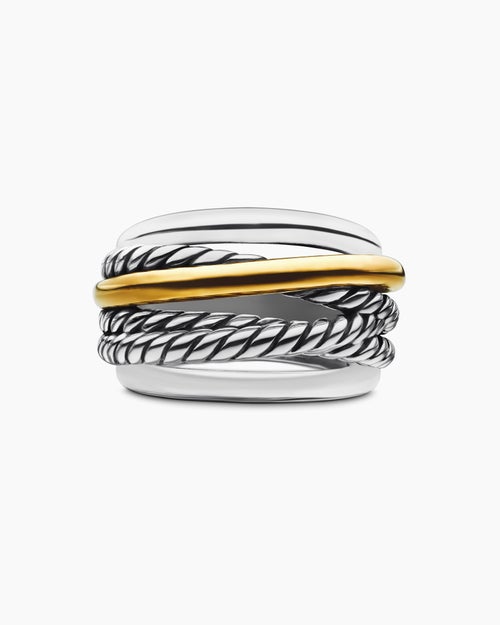 Womens Crossover Ring in Sterling Silver with 14K Yellow Gold, 14.7mm