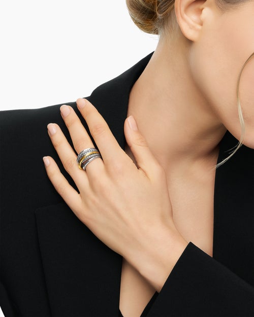 Womens Crossover Ring in Sterling Silver with 14K Yellow Gold, 14.7mm