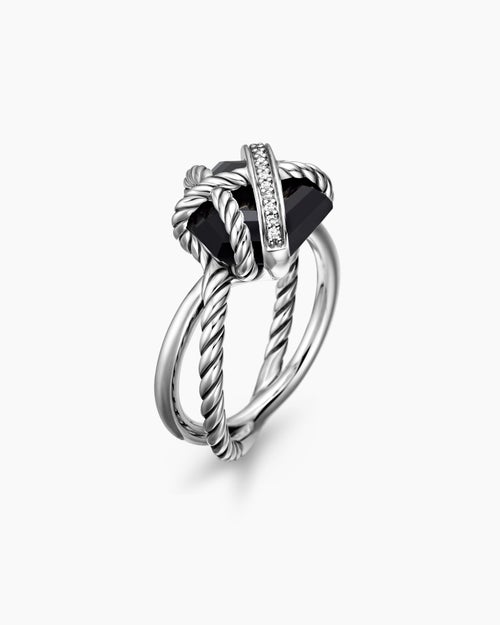 Womens Cable Wrap Ring in Sterling Silver with Black Onyx and Pavé Diamonds, 11mm