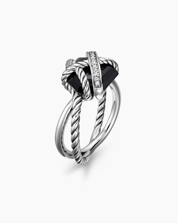 Cable Wrap Ring in Sterling Silver with Black Onyx and Pavé Diamonds