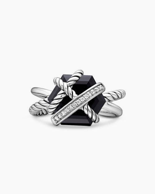 Womens Cable Wrap Ring in Sterling Silver with Black Onyx and Pavé Diamonds, 11mm