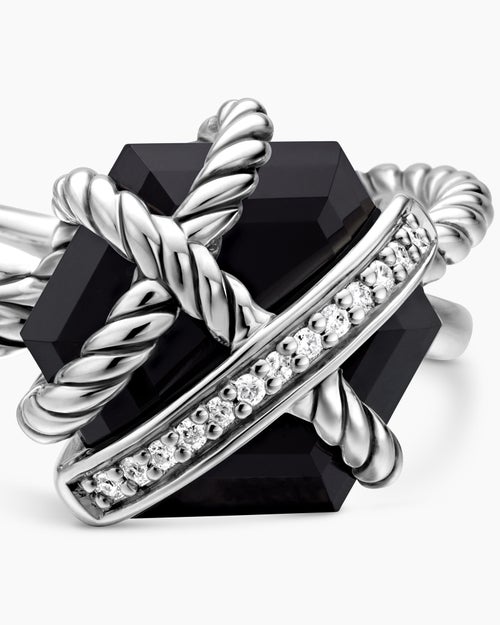 Womens Cable Wrap Ring in Sterling Silver with Black Onyx and Pavé Diamonds, 11mm