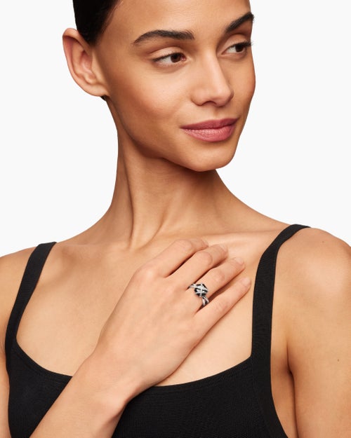 Womens Cable Wrap Ring in Sterling Silver with Black Onyx and Pavé Diamonds, 11mm