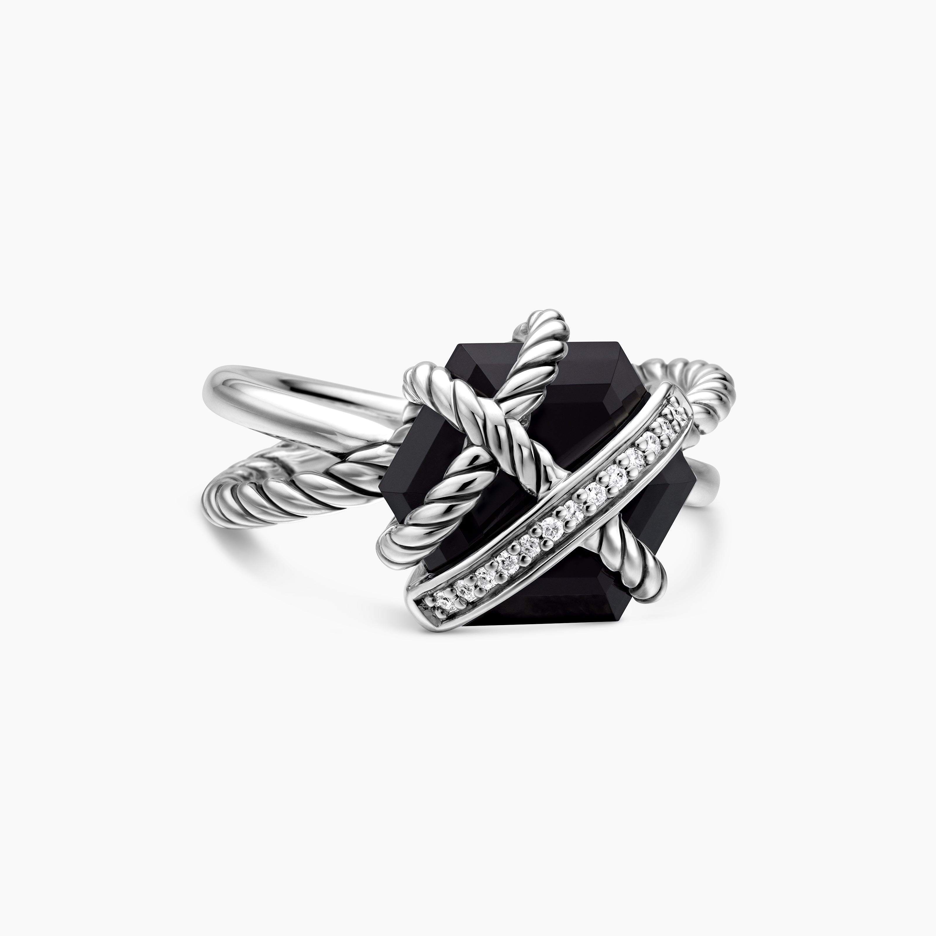 Bague Cable Wrap en argent sterling avec onyx noir et pav&eacute; de diamants pour femmes 