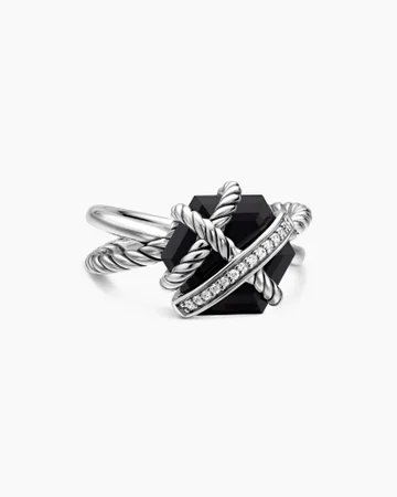 Cable Wrap Ring in Sterling Silver with Black Onyx and Pavé Diamonds