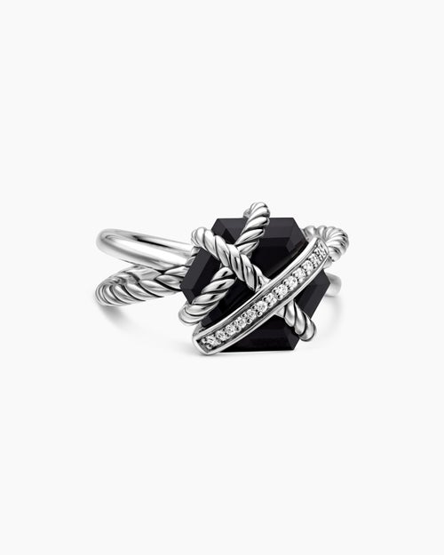 Womens Cable Wrap Ring in Sterling Silver with Black Onyx and Pavé Diamonds, 11mm