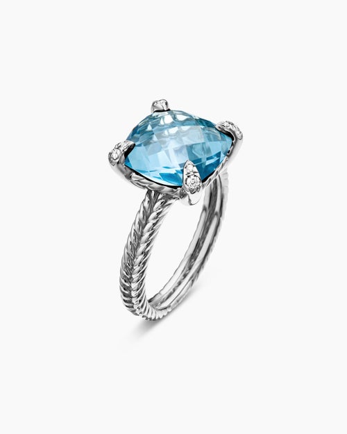 Womens Chatelaine® Ring in Sterling Silver with Blue Topaz and Diamonds, 11mm