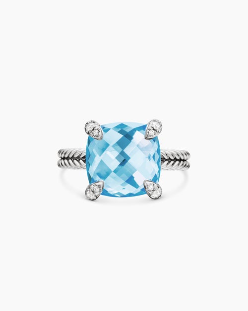 Womens Chatelaine® Ring in Sterling Silver with Blue Topaz and Diamonds, 11mm