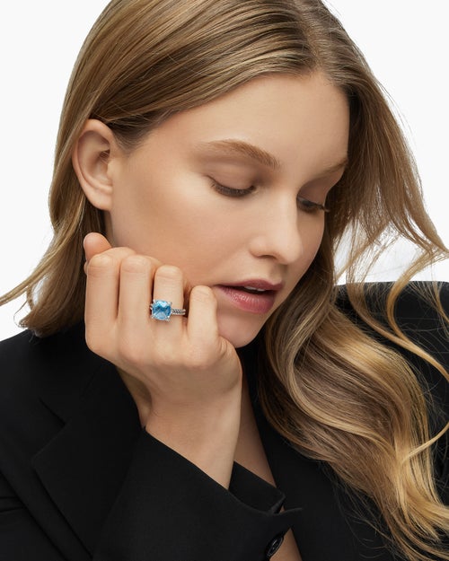 Womens Chatelaine® Ring in Sterling Silver with Blue Topaz and Diamonds, 11mm