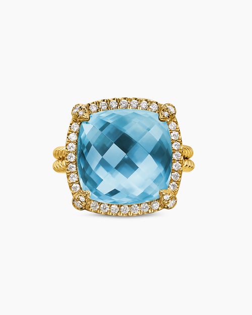 Womens Chatelaine® Pavé Bezel Ring in 18K Yellow Gold with Blue Topaz and Diamonds, 14mm