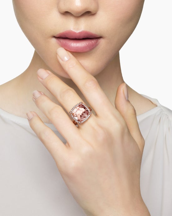 Chatelaine® Pavé Bezel Ring in 18K Rose Gold with Morganite and Diamonds, 14mm