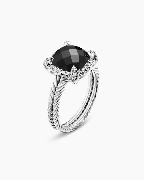 Womens Chatelaine® Pavé Bezel Ring in Sterling Silver with Black Onyx and Diamonds, 9mm