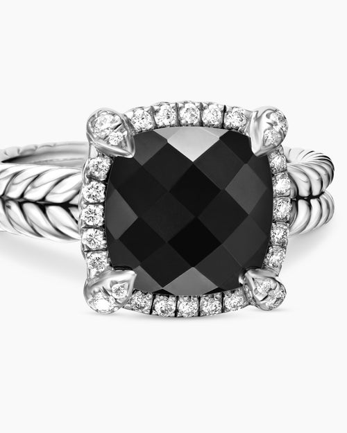 Womens Chatelaine® Pavé Bezel Ring in Sterling Silver with Black Onyx and Diamonds, 9mm