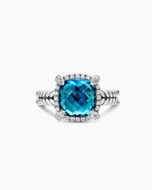 Womens Chatelaine® Pavé Bezel Ring in Sterling Silver with Hampton Blue Topaz and Diamonds, 9mm