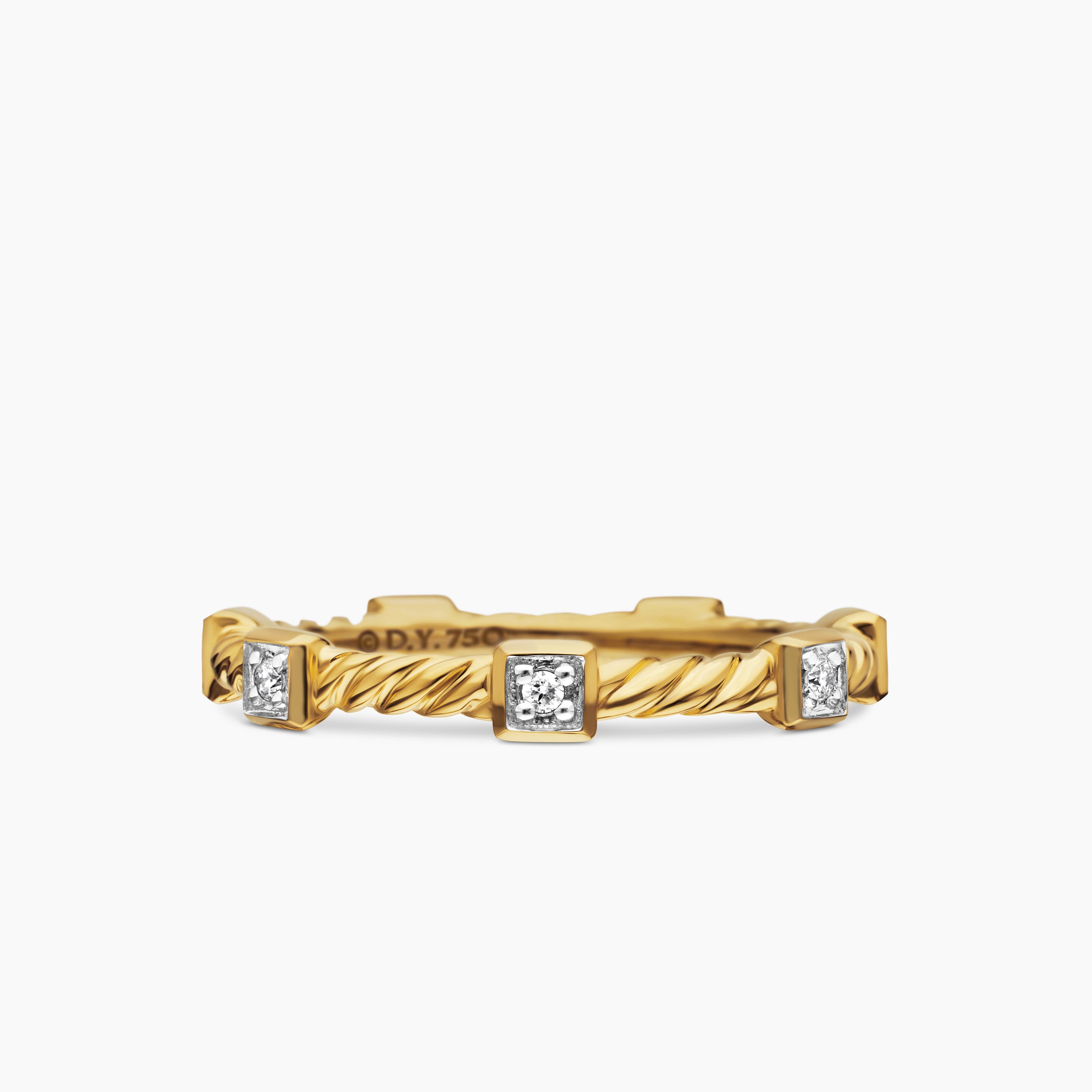 Womens Cable Collectibles Stations Stack Ring in 18K Yellow Gold with Diamonds, 2mm