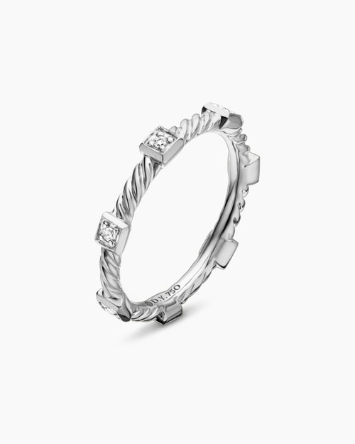 Womens Cable Collectibles Stations Stack Ring in 18K White Gold with Diamonds, 2mm