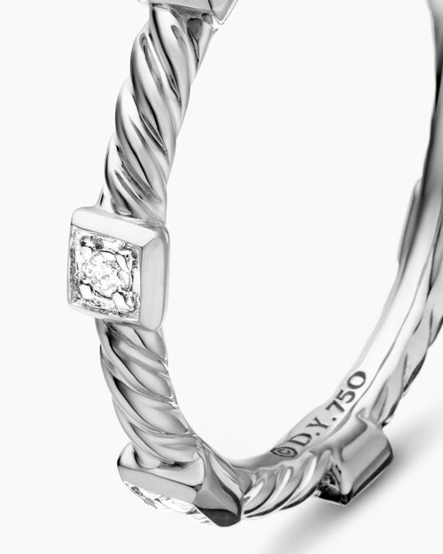 Womens Cable Collectibles Stations Stack Ring in 18K White Gold with Diamonds, 2mm