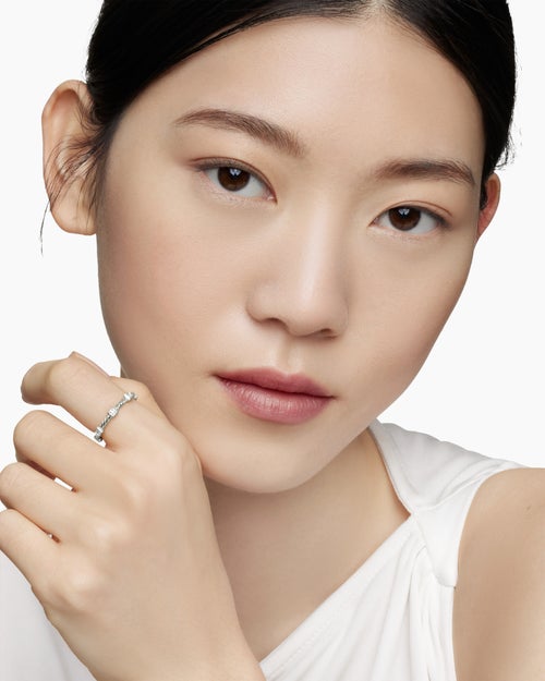 Womens Cable Collectibles Stations Stack Ring in 18K White Gold with Diamonds, 2mm