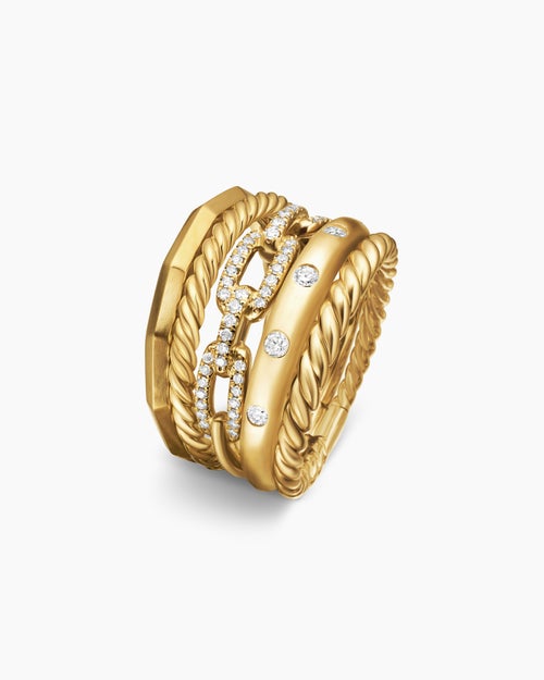 Womens Stax Five Row Ring in 18K Yellow Gold with Diamonds, 15mm