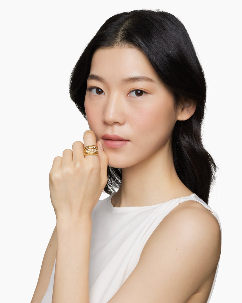 Womens Stax Five Row Ring in 18ct Yellow Gold with Diamonds, 15mm