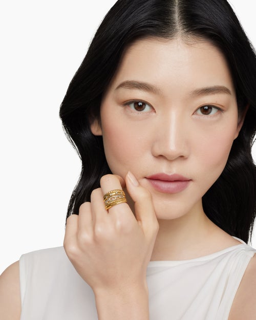 Womens Stax Five Row Ring in 18K Yellow Gold with Diamonds, 15mm