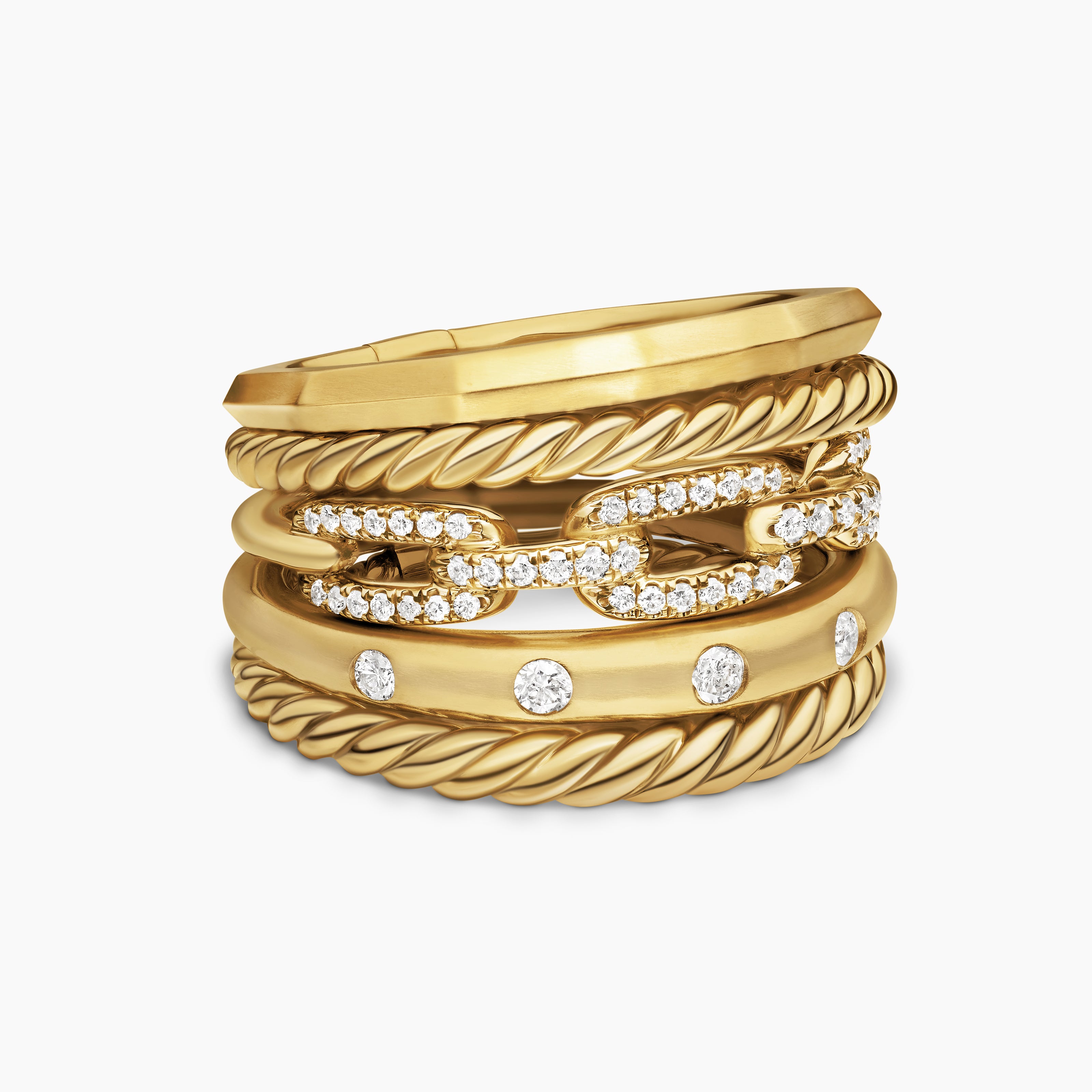 Womens Stax Five Row Ring in 18K Yellow Gold with Diamonds, 15mm