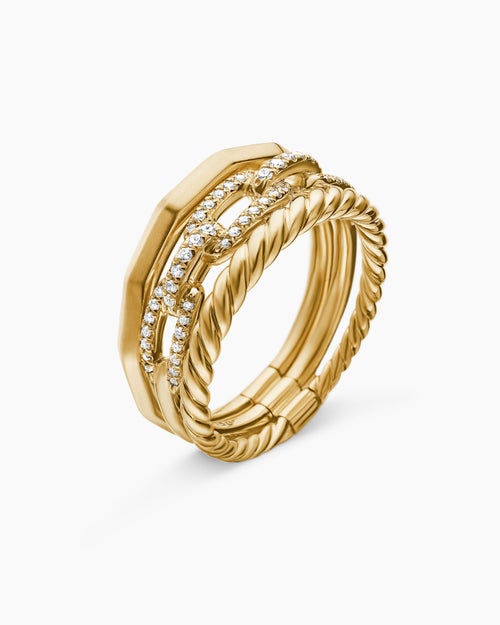 Womens Stax Three Row Ring in 18K Yellow Gold with Diamonds, 9.5mm