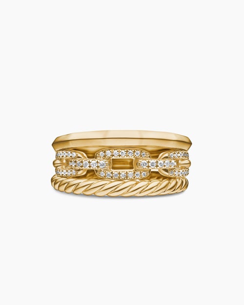 Womens Stax Three Row Ring in 18K Yellow Gold with Diamonds, 9.5mm