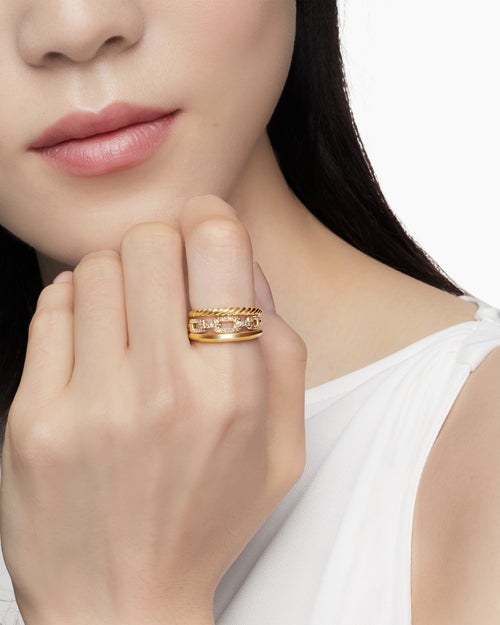 Womens Stax Three Row Ring in 18K Yellow Gold with Diamonds, 9.5mm