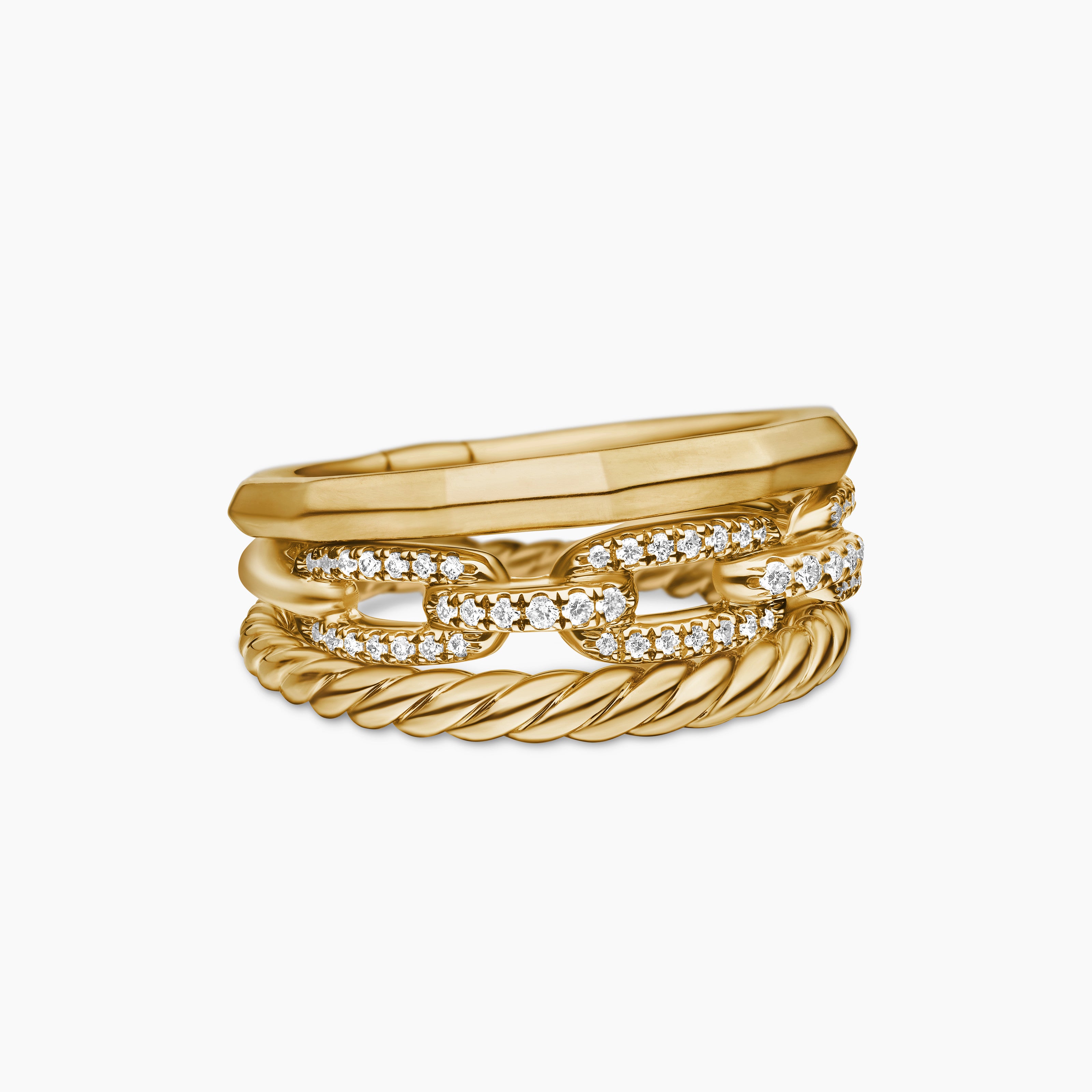Womens Stax Three Row Ring in 18K Yellow Gold with Diamonds, 9.5mm