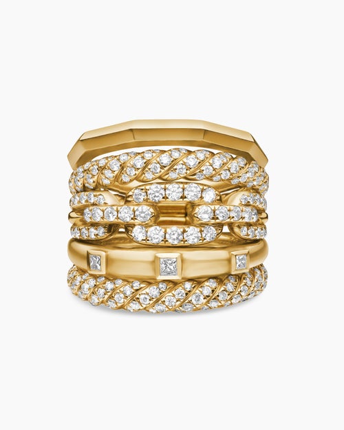 Womens Stax Five Row Ring in 18K Yellow Gold with Diamonds, 21mm