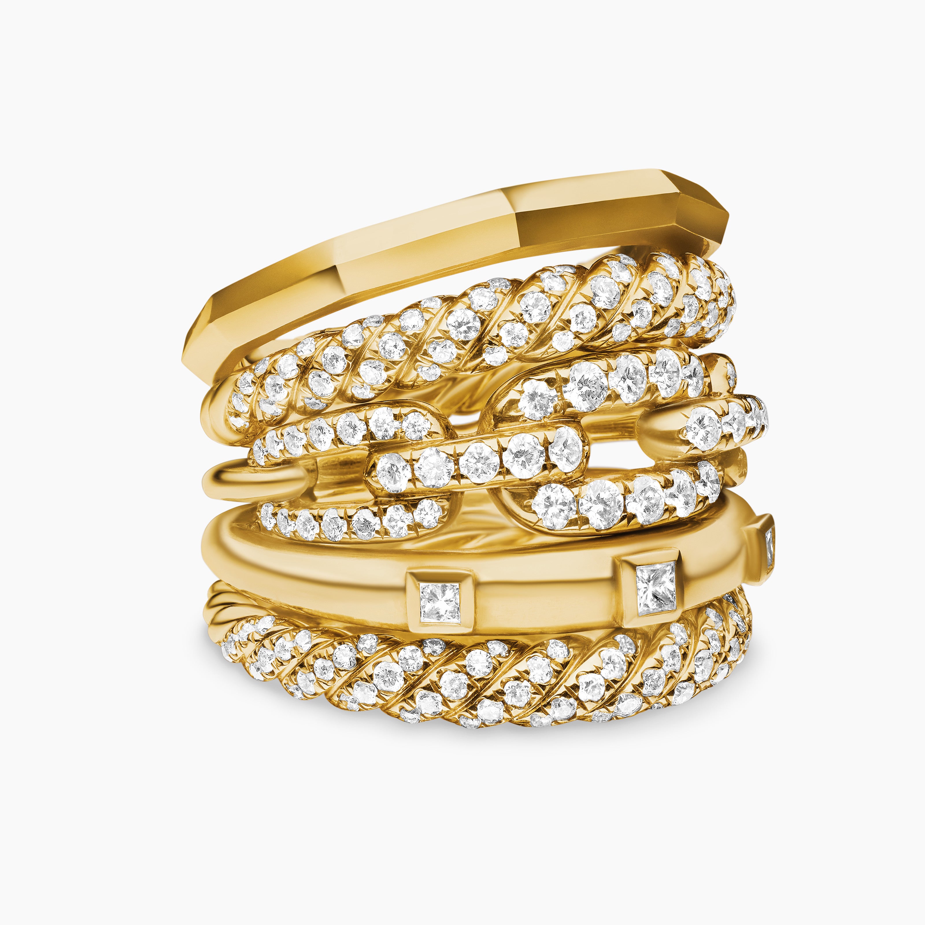 Womens Stax Five Row Ring in 18K Yellow Gold with Diamonds, 21mm