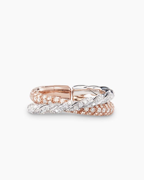 Womens Sculpted Cable Flex Two Row Ring in 18K Rose and White Gold with Diamonds, 16mm